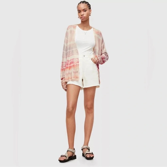 Allsaints Marea Tie Dye Cardigan Sweater Merino Wool Rainbow Pink Cream New M - Picture 14 of 16
